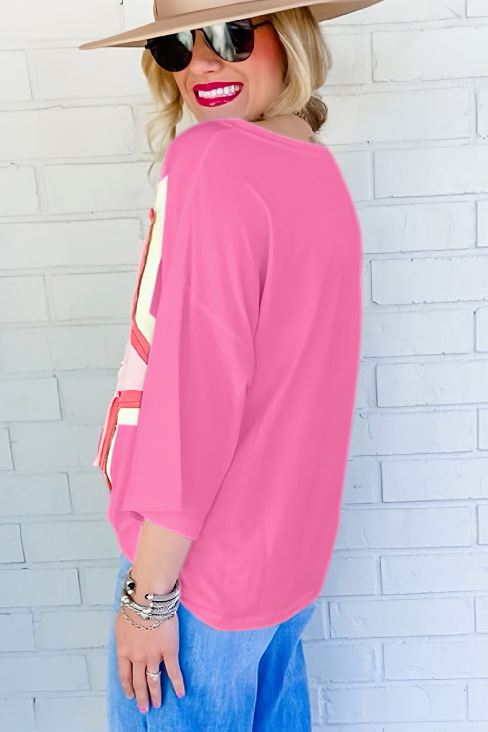 Moonlight Jade Colorblock Star Patched Half Sleeve Oversized Tee