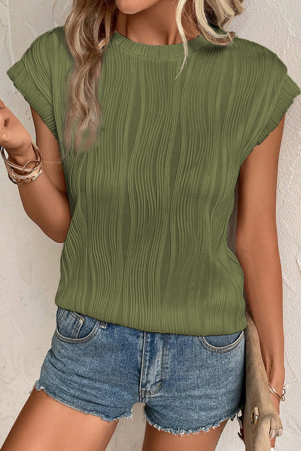 Wavy Textured Cap Sleeve Top