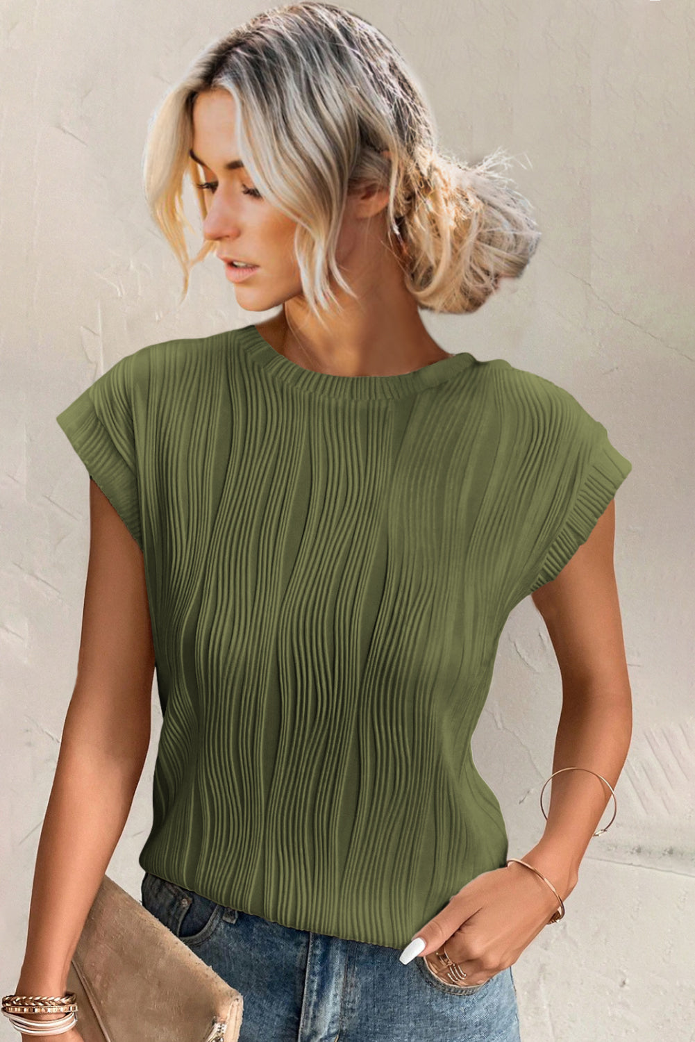 Wavy Textured Cap Sleeve Top