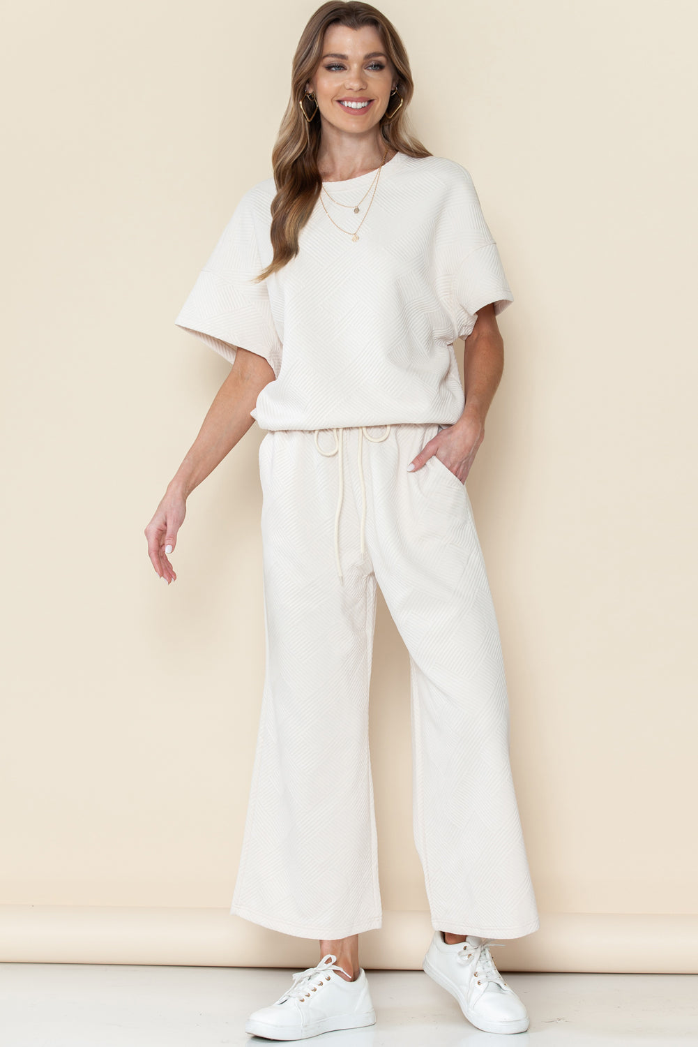 Textured Loose Fit T Shirt and Drawstring Pants Set w/Pockets