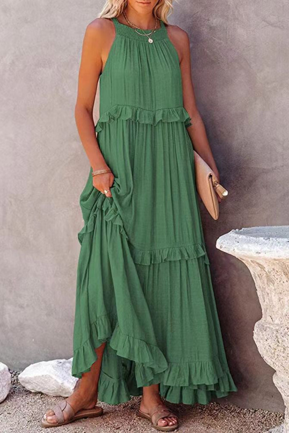 Ruffle Hem Pleated Flowy Maxi Dress