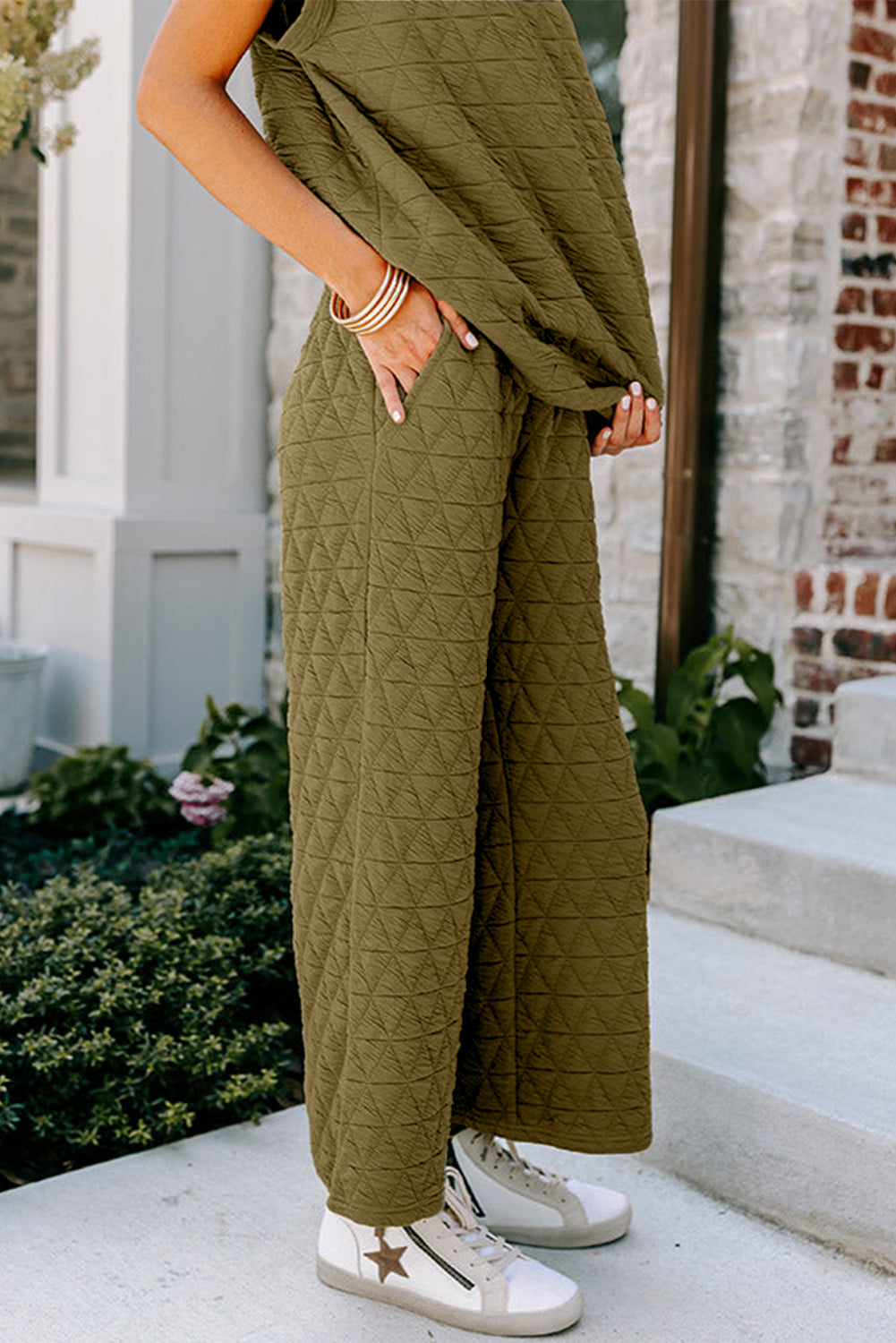 Quilted Short Sleeve Top and Wide Leg Pants Set