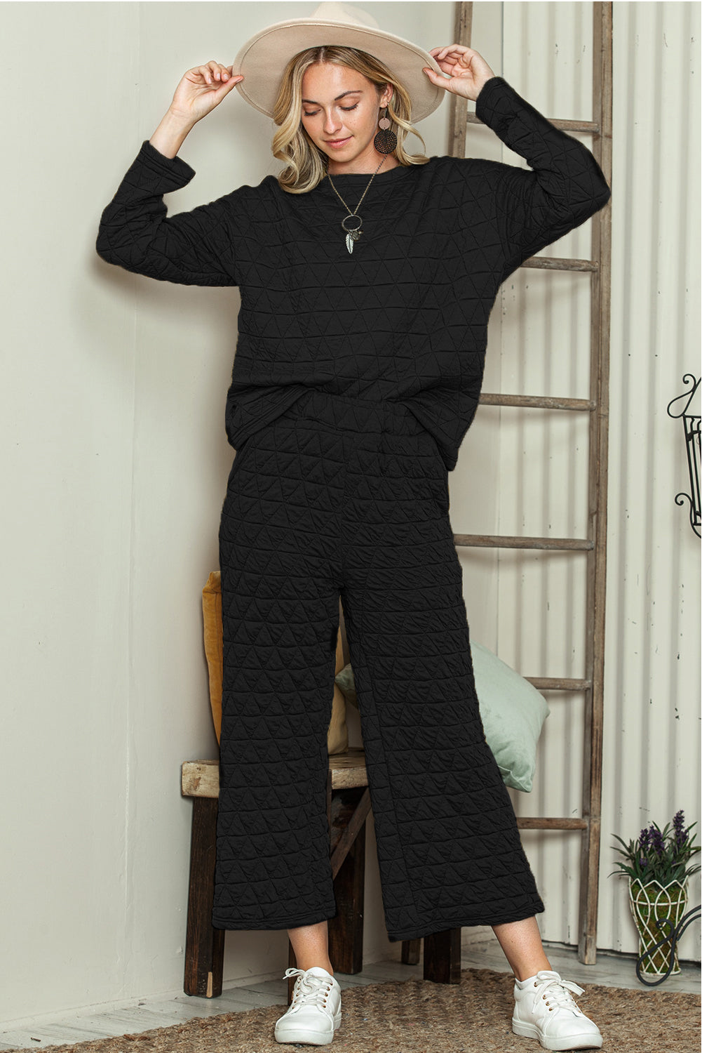 Dark Grey Solid Color Quilted Long Sleeve Top and Wide Leg Pants Set