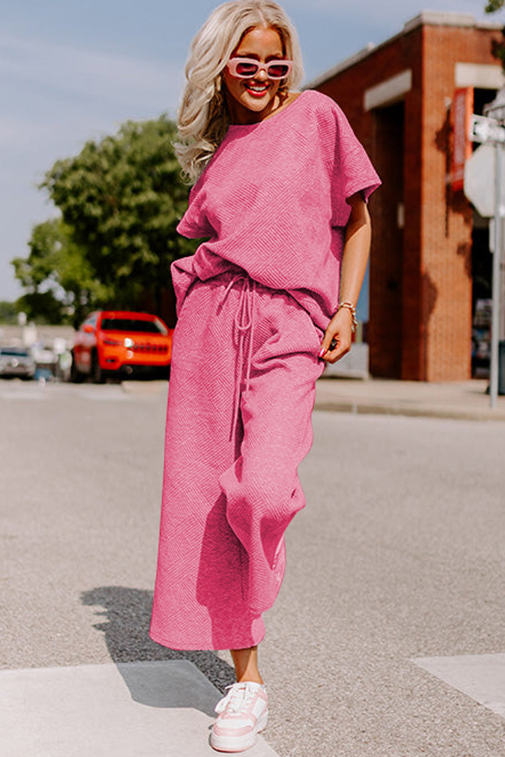 Textured Loose Fit T Shirt and Drawstring Pants Set w/Pockets