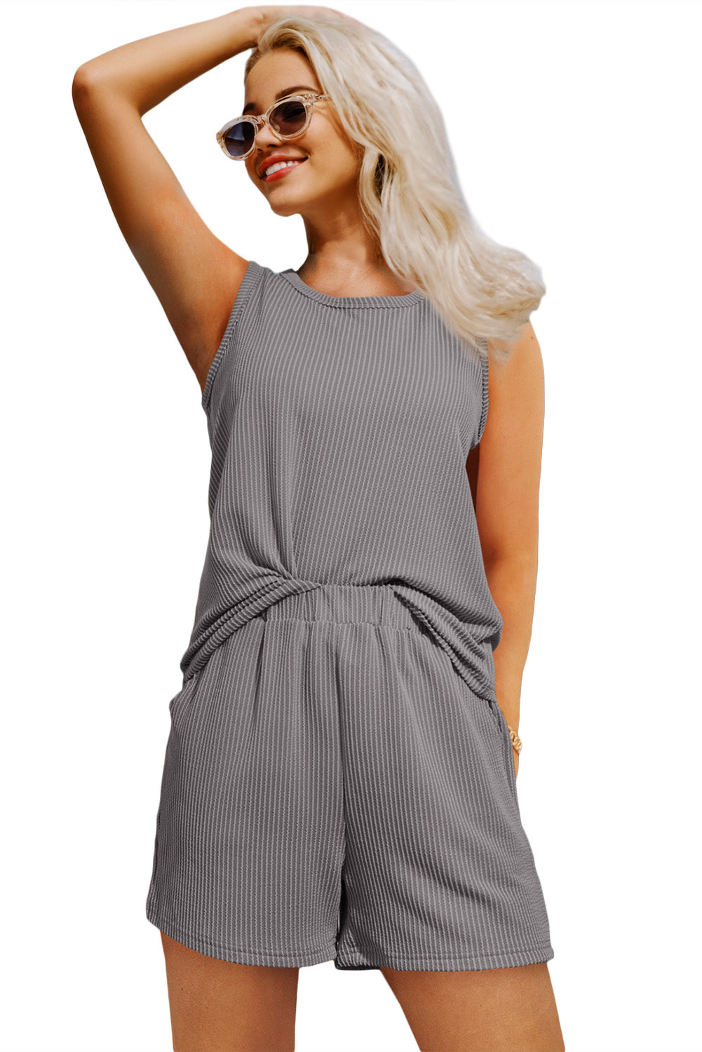 Corded Sleeveless Top and Pocketed Shorts Set