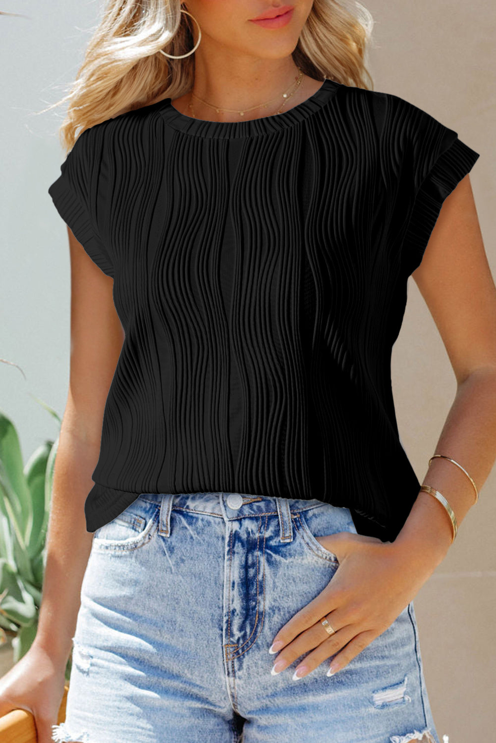 Wavy Textured Cap Sleeve Top