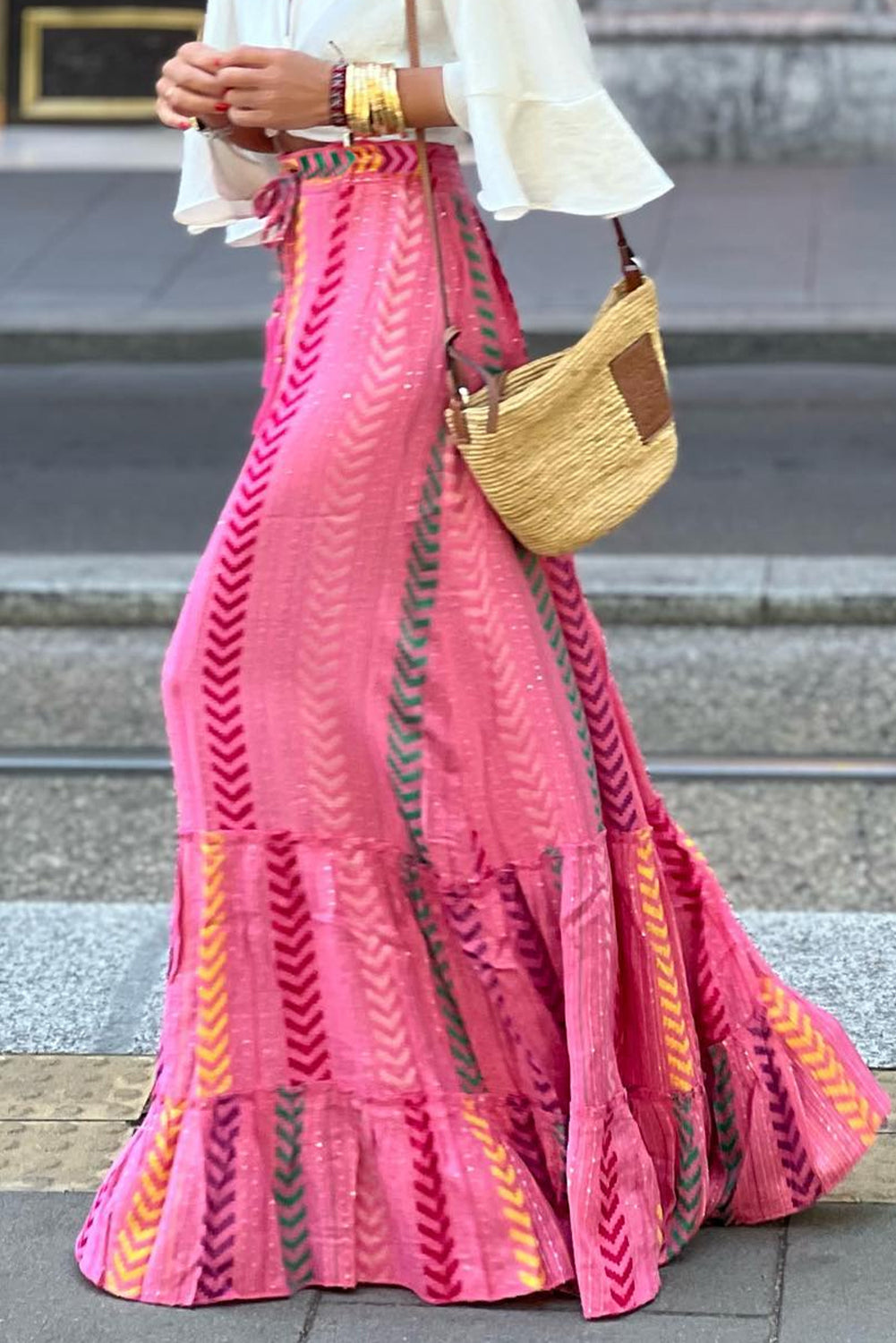 Pink Boho Tassel Tie Ruffled Tiered Maxi Skirt