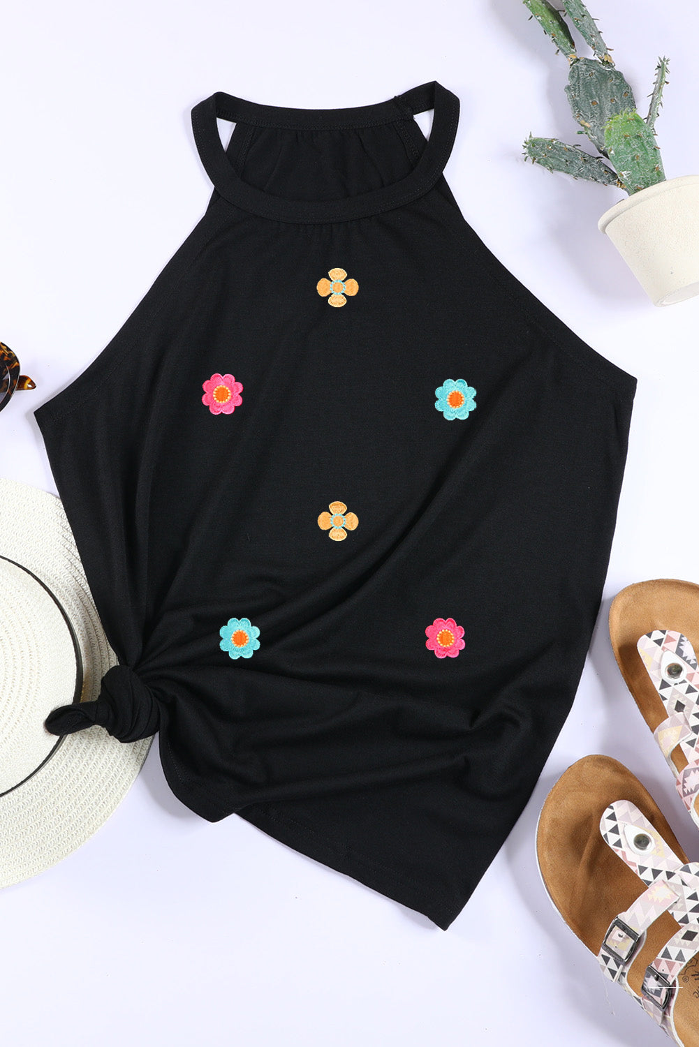 Black Casual Mod Floral Print Tank Top