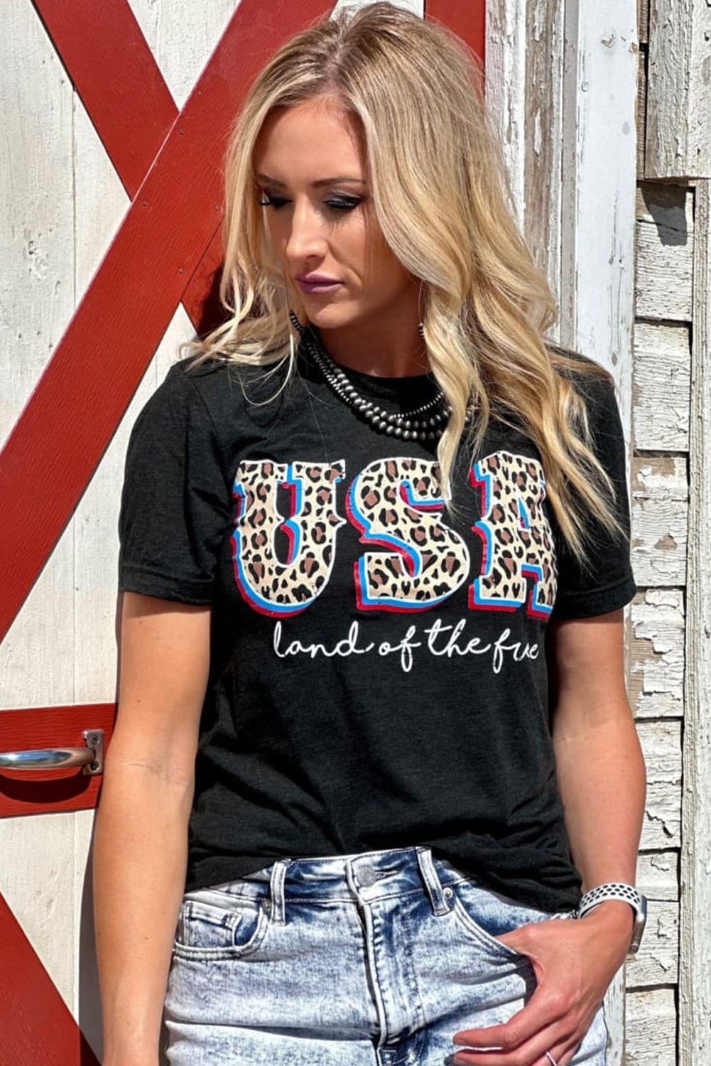 Black Leopard USA land of the free Slogan Graphic T Shirt