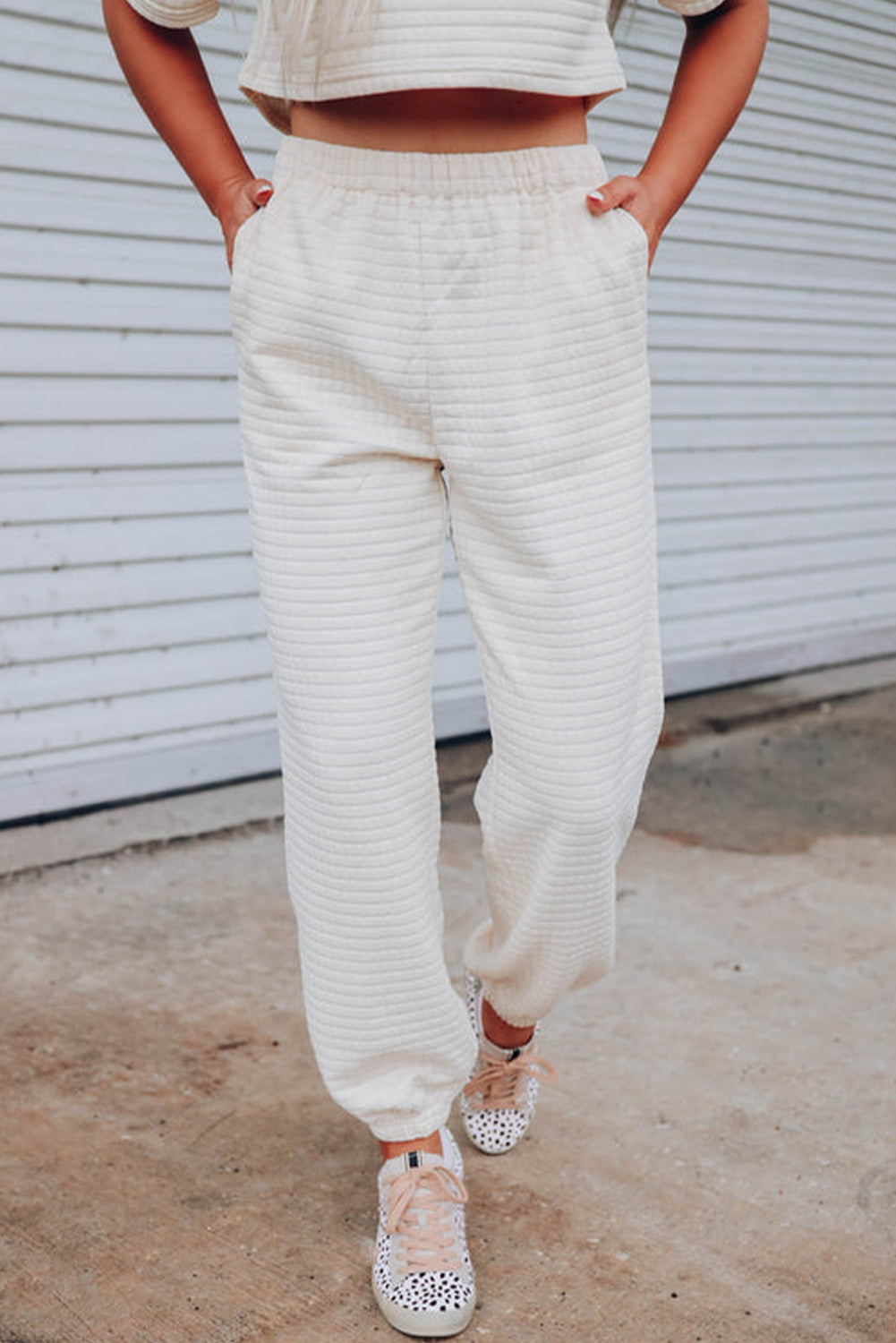 Rose Red Textured Cropped Tee and Jogger Pants Set