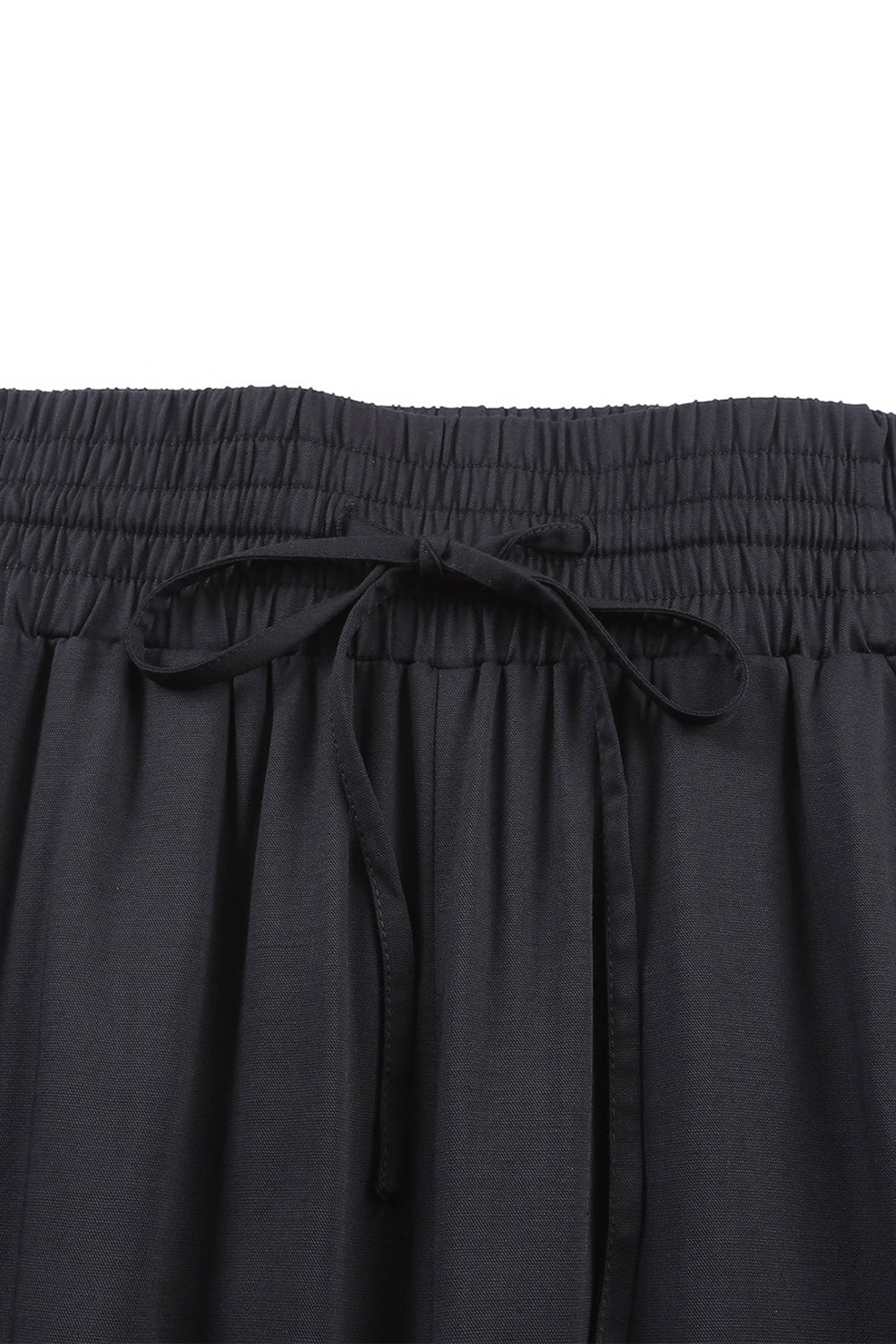 Black Plain Drawstring Shirred Elastic Waist Wide Leg Pants