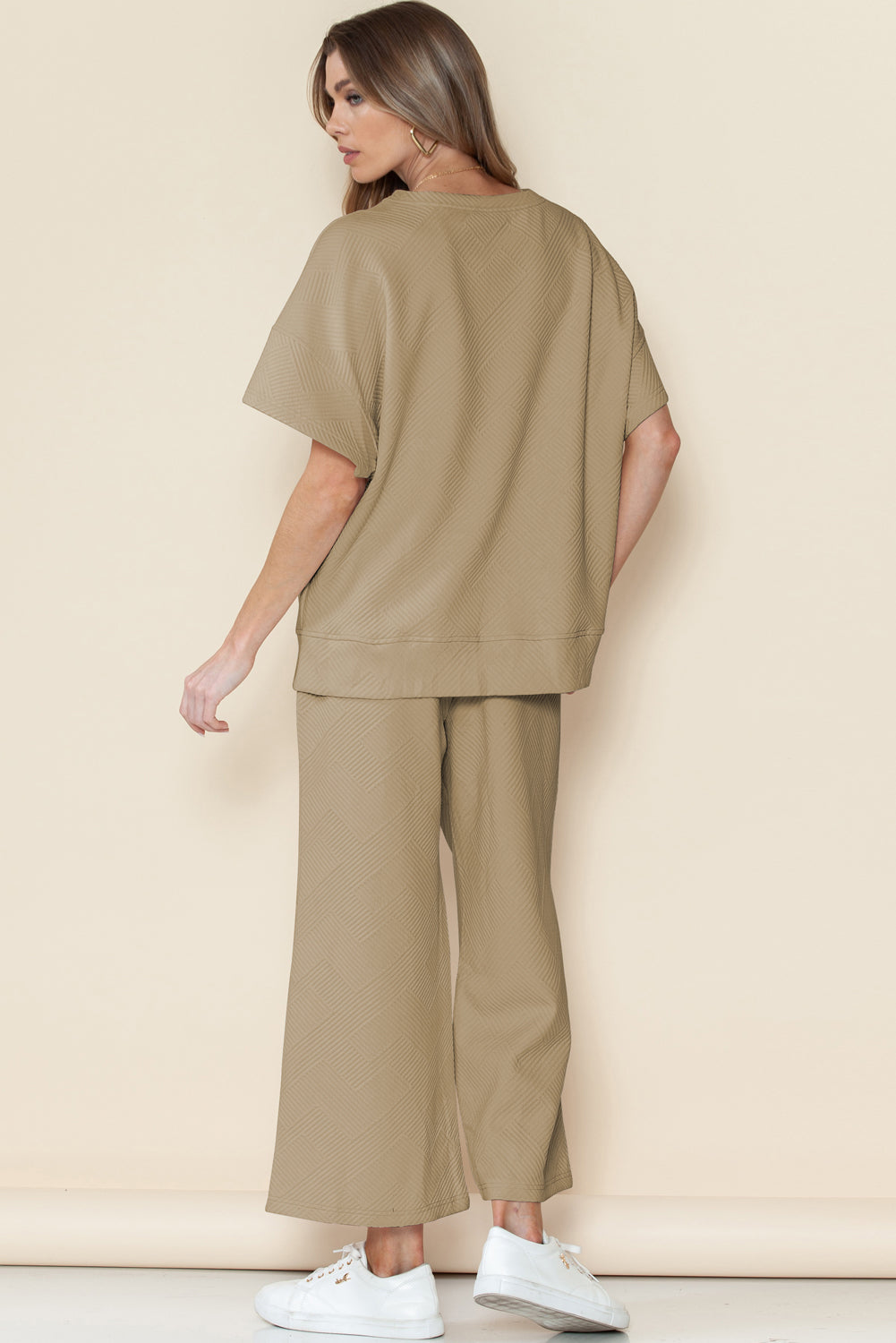 Textured Loose Fit T Shirt and Drawstring Pants Set w/Pockets