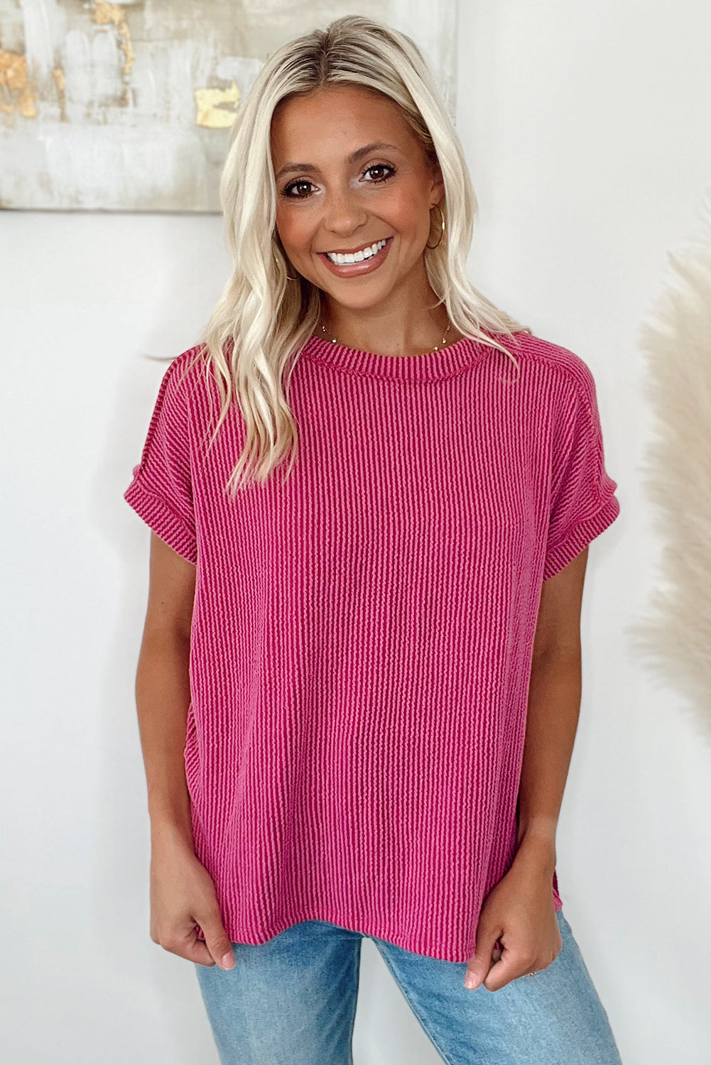 Medium Grey Ribbed Knit Exposed Seam Round Neck T-shirt