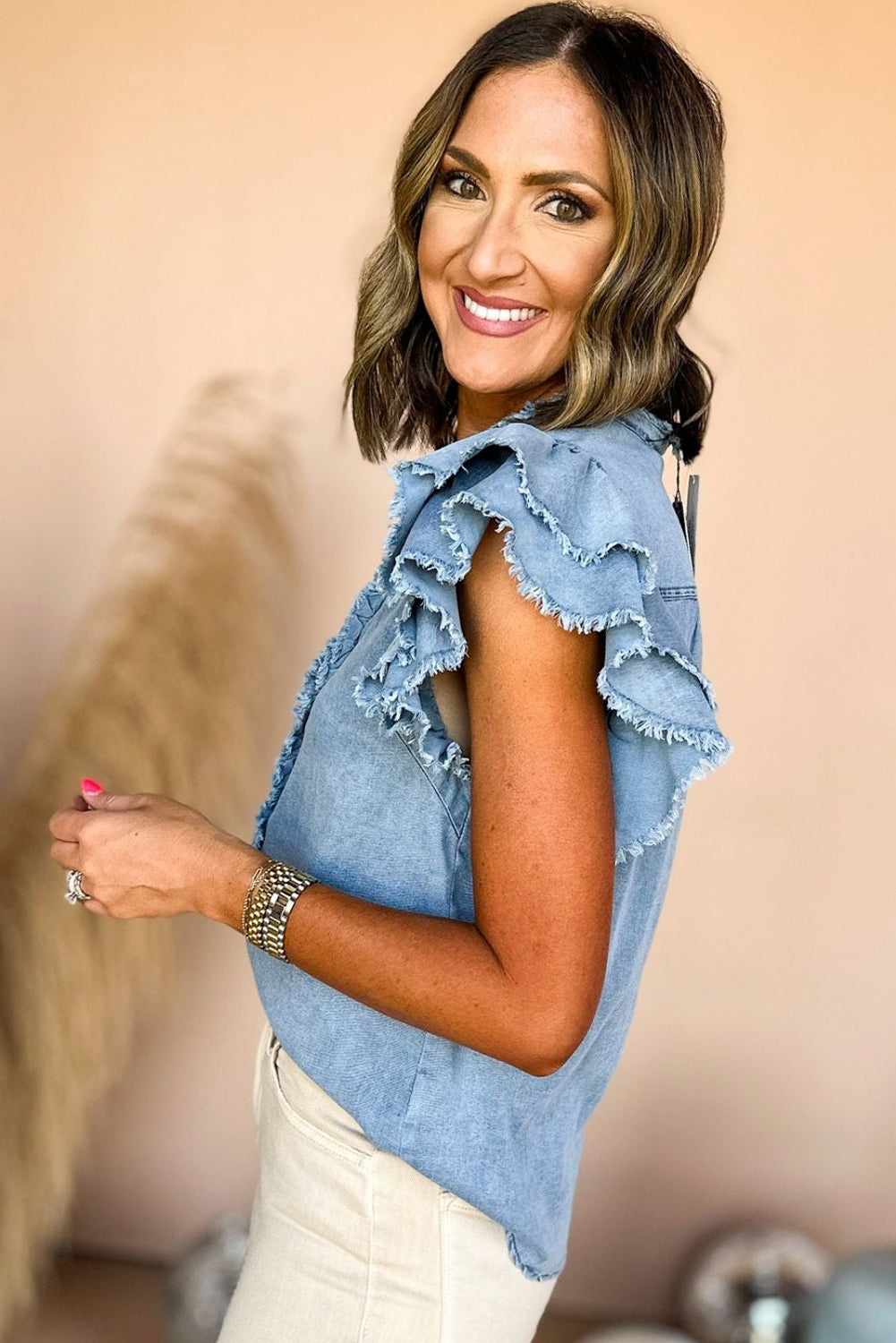 Beau Blue Ruffled Frayed Denim Top