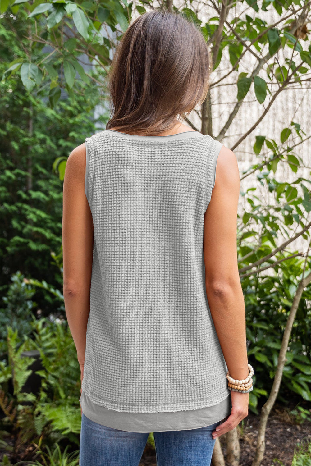 White Scoop Neck Waffle Knit Splicing Flowy Vest