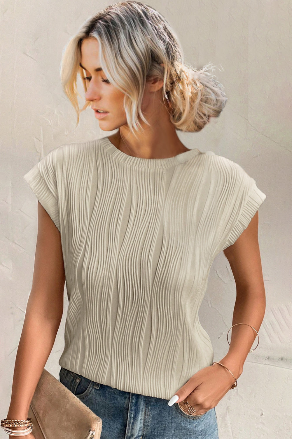 Wavy Textured Cap Sleeve Top