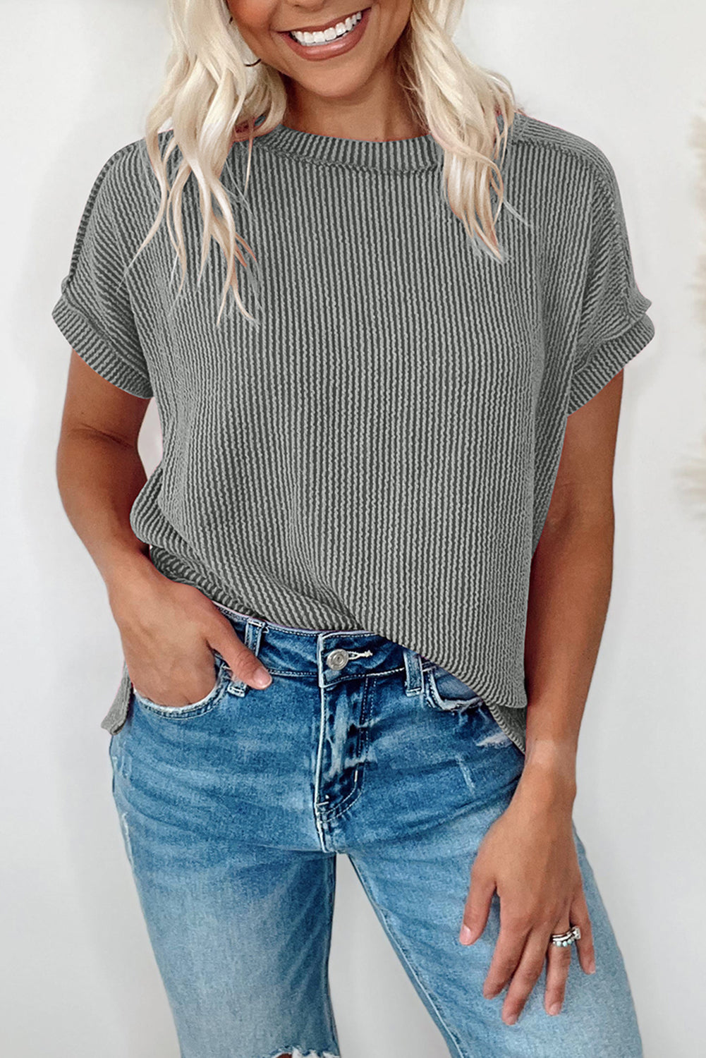 Medium Grey Ribbed Knit Exposed Seam Round Neck T-shirt