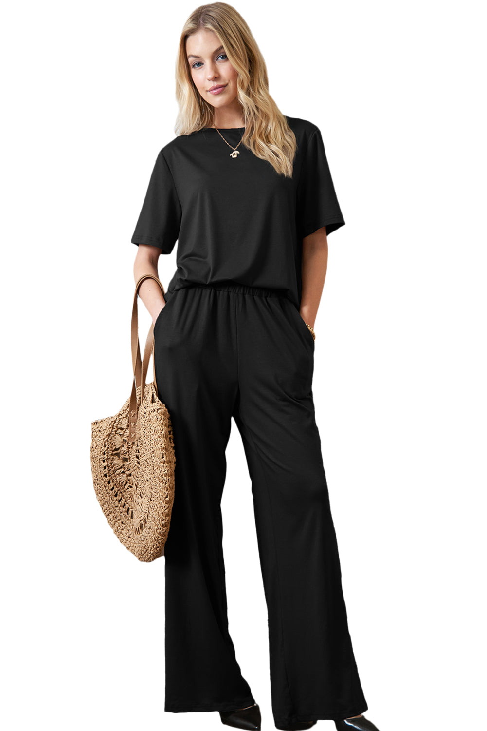 Solid Color T-Shirt and Wide Leg Pants Set