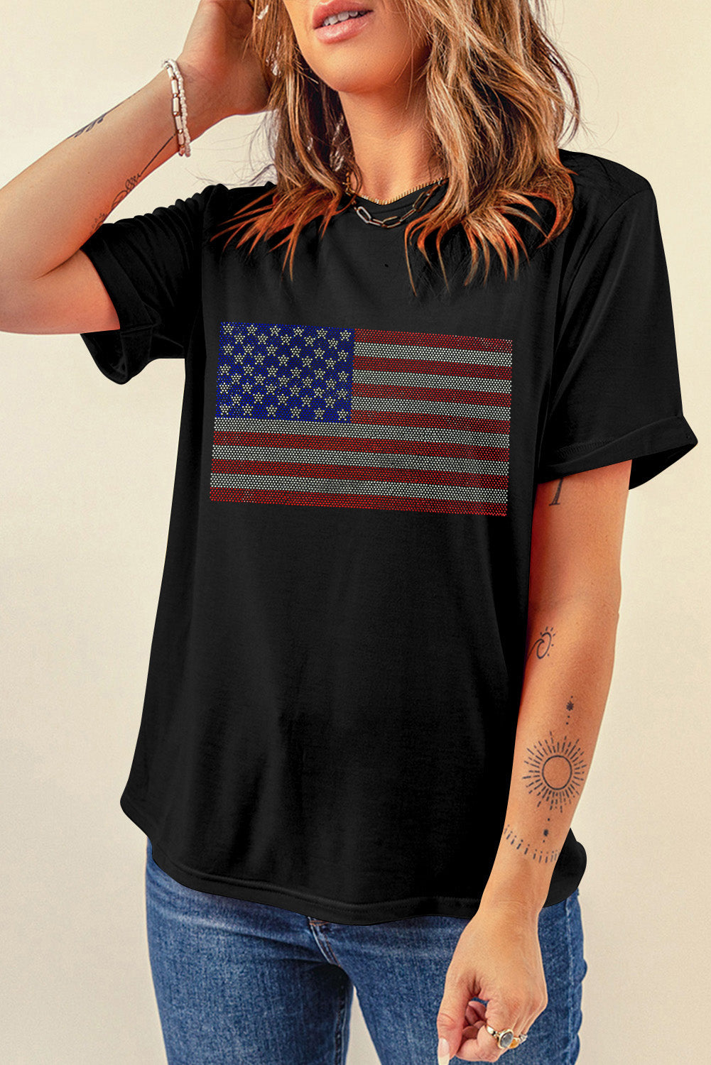 Black Rhinestone American Flag Graphic Round Neck Tee