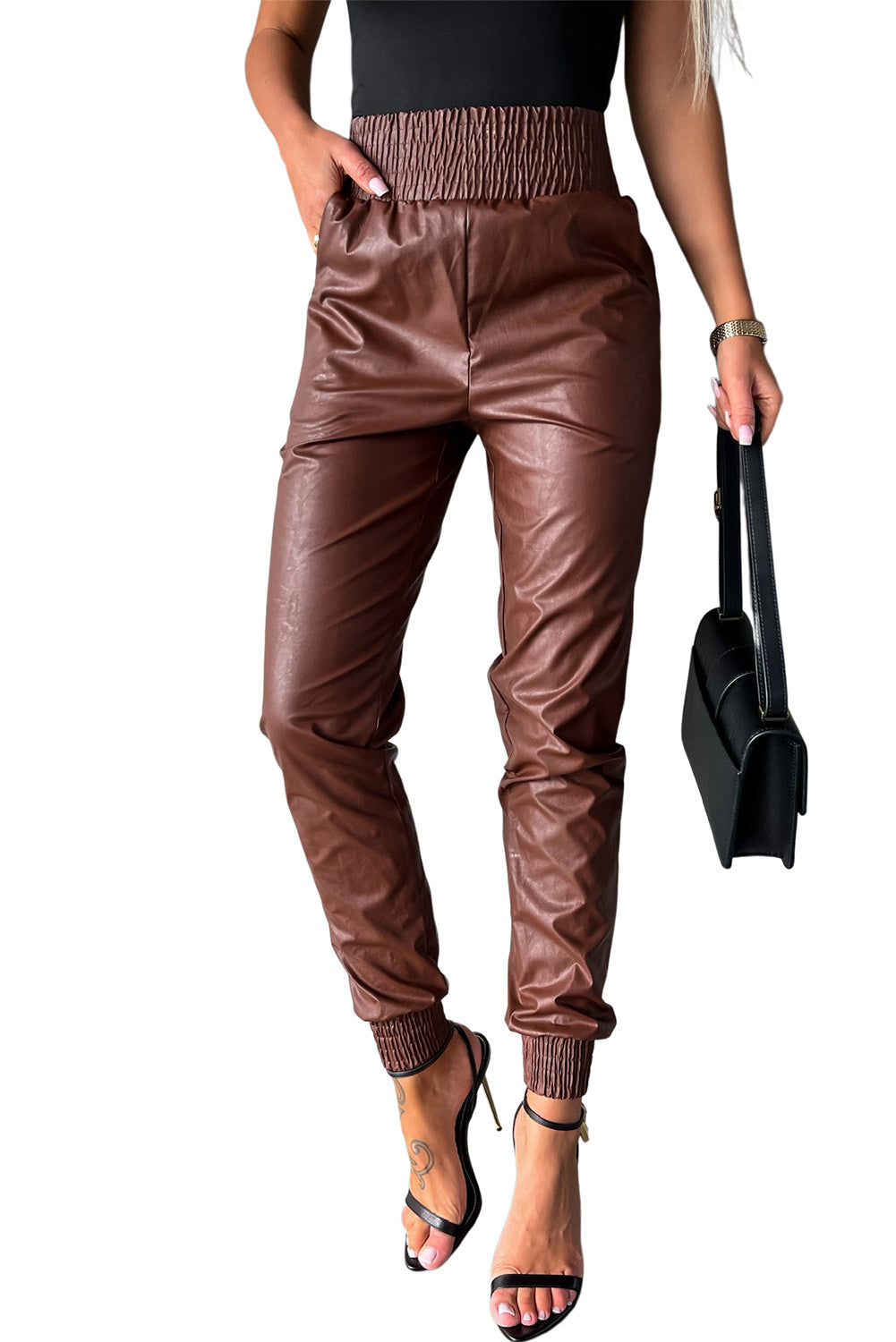 Brown Smocked High Waist Leather Skinny Pants