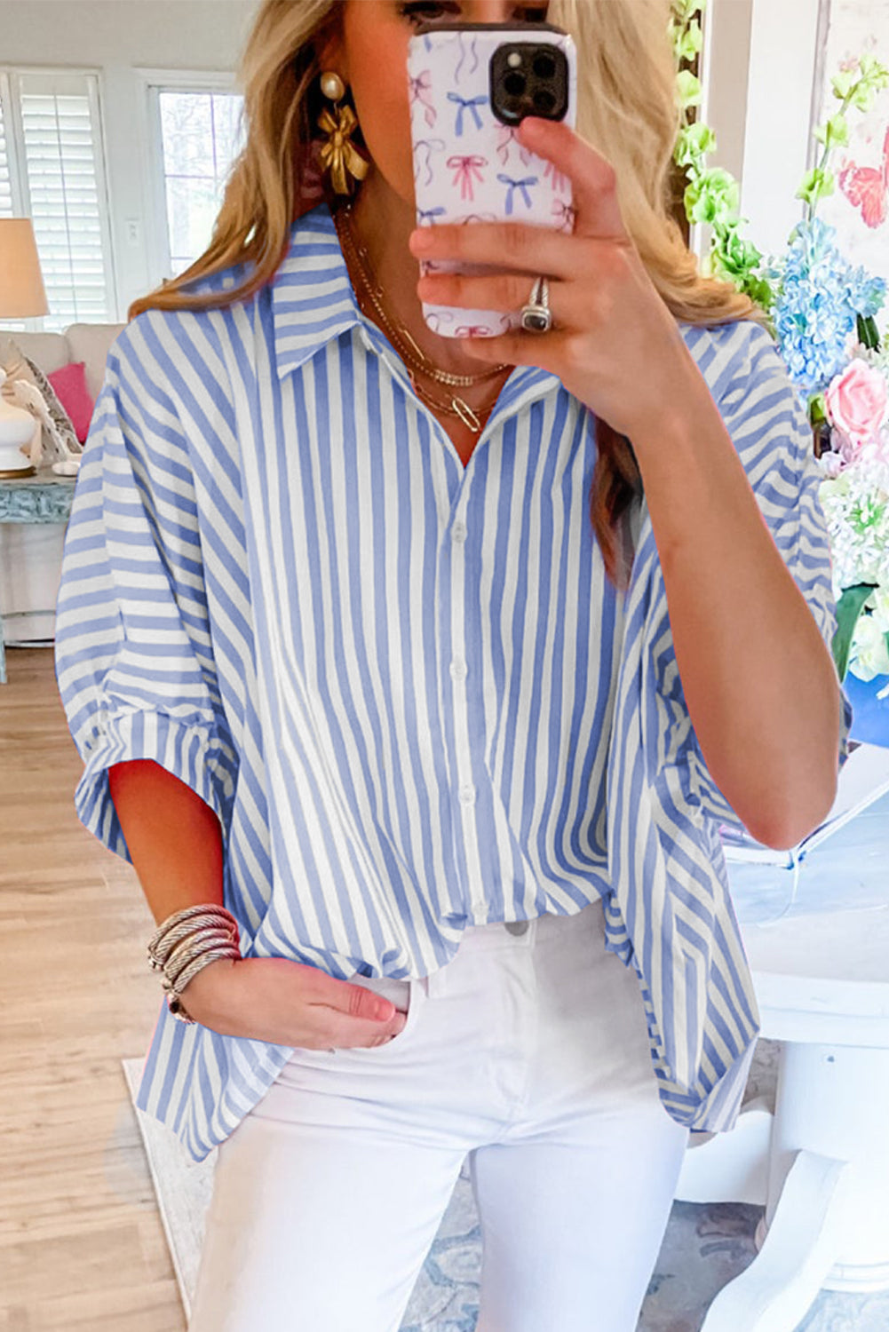 Pink Stripe Button Up Dolman Shirt