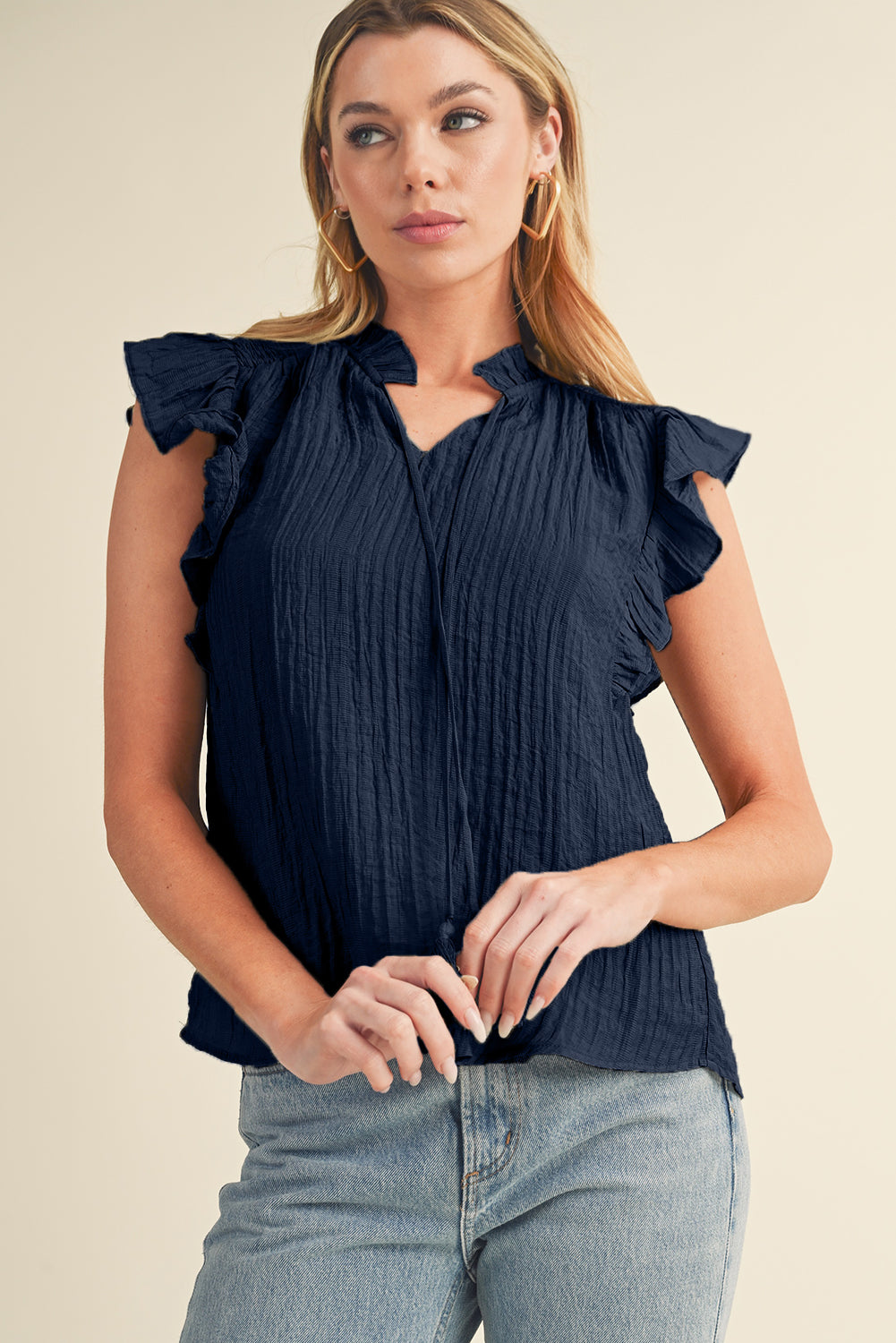 Navy Blue V Neck Flutter Shoulder Textured Blouse