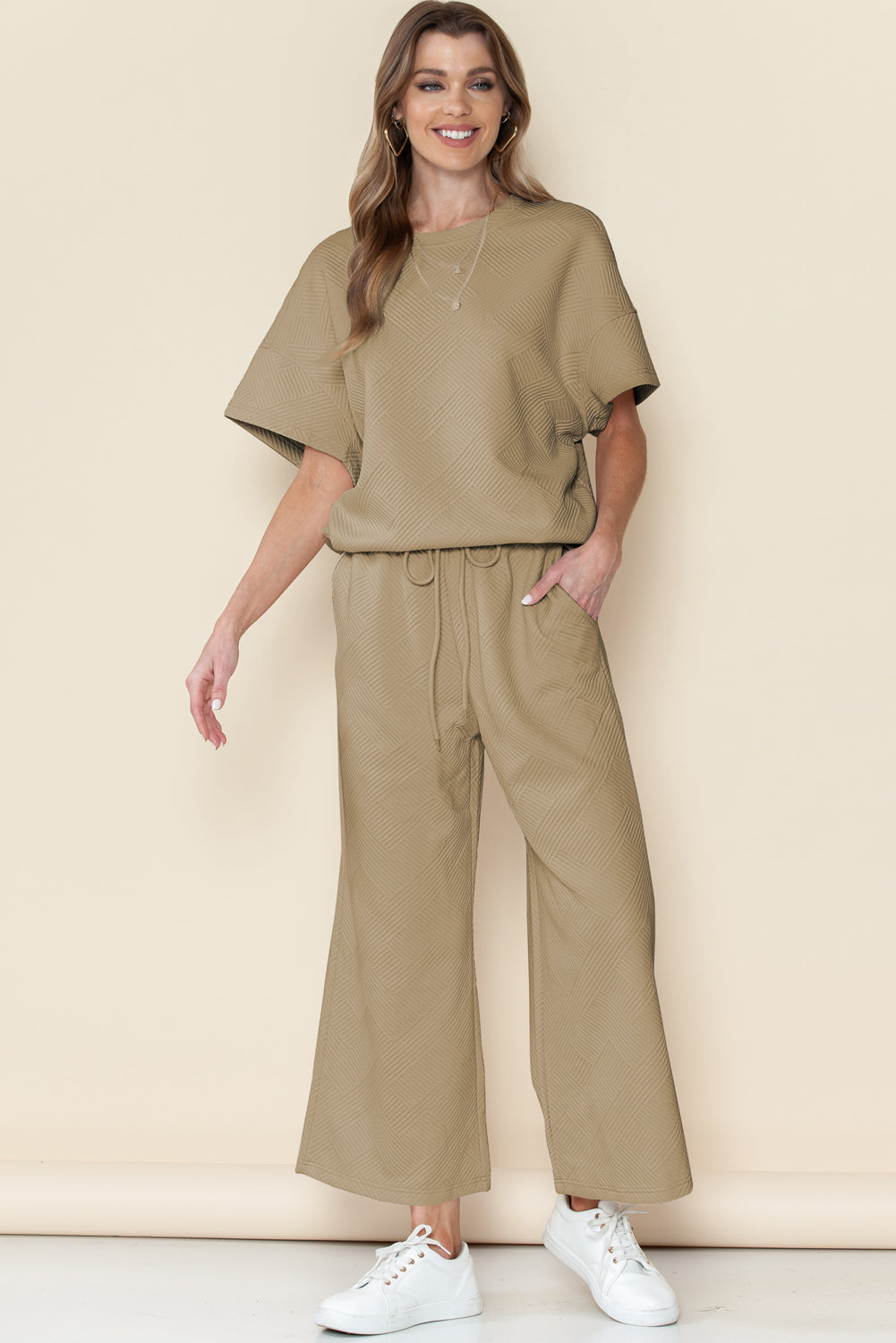 Textured Loose Fit T Shirt and Drawstring Pants Set w/Pockets