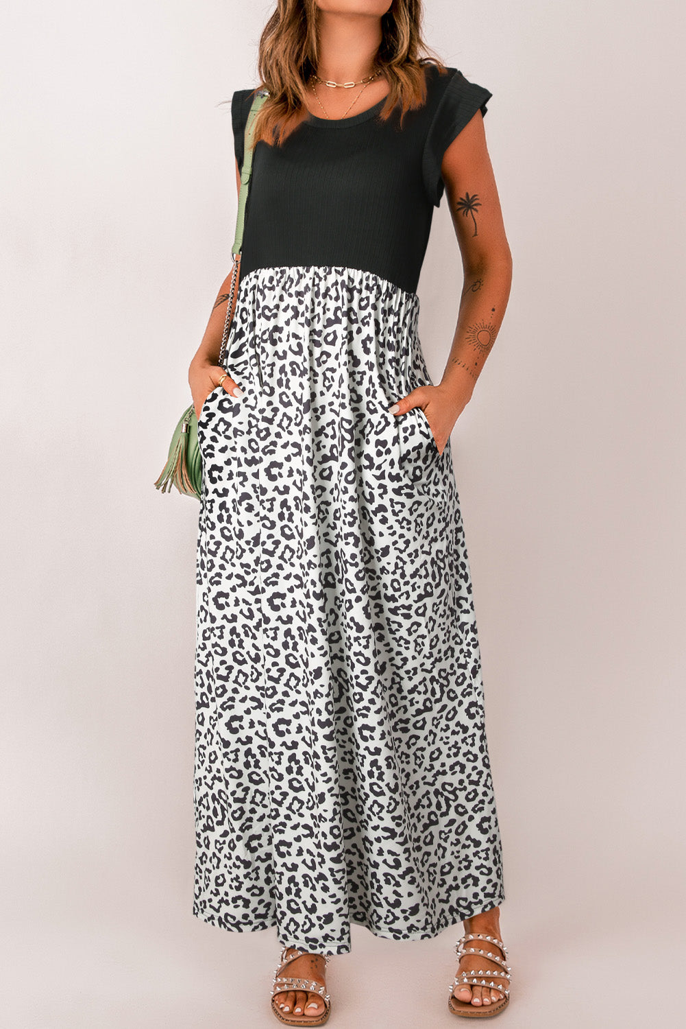 Leopard Print Casual Cap Sleeve Pocket Dress