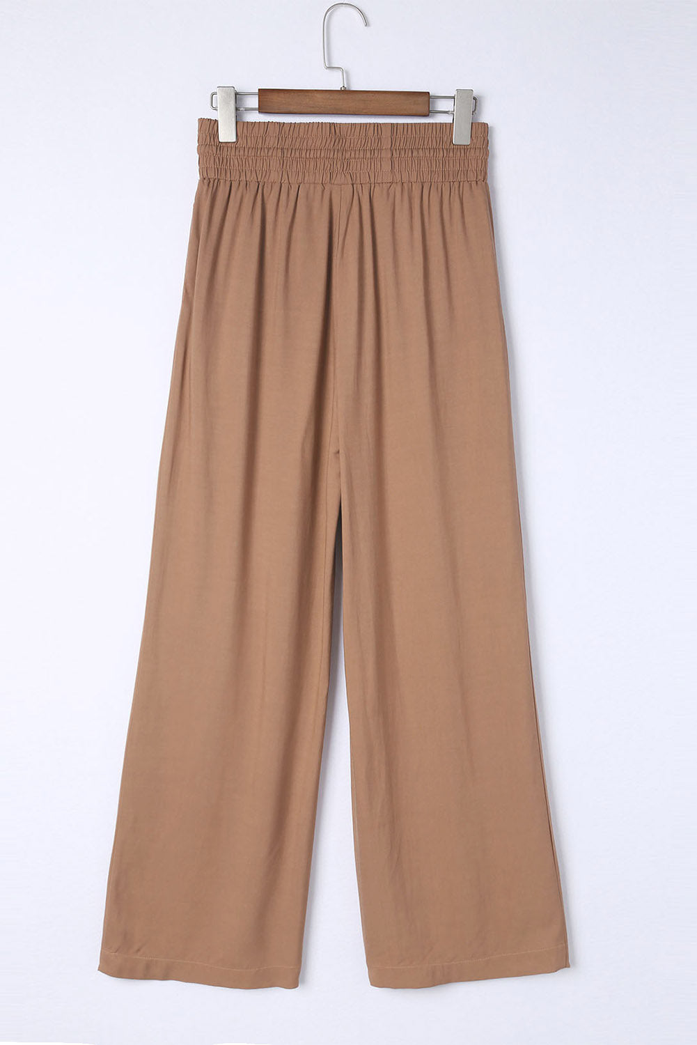 Black Plain Drawstring Shirred Elastic Waist Wide Leg Pants