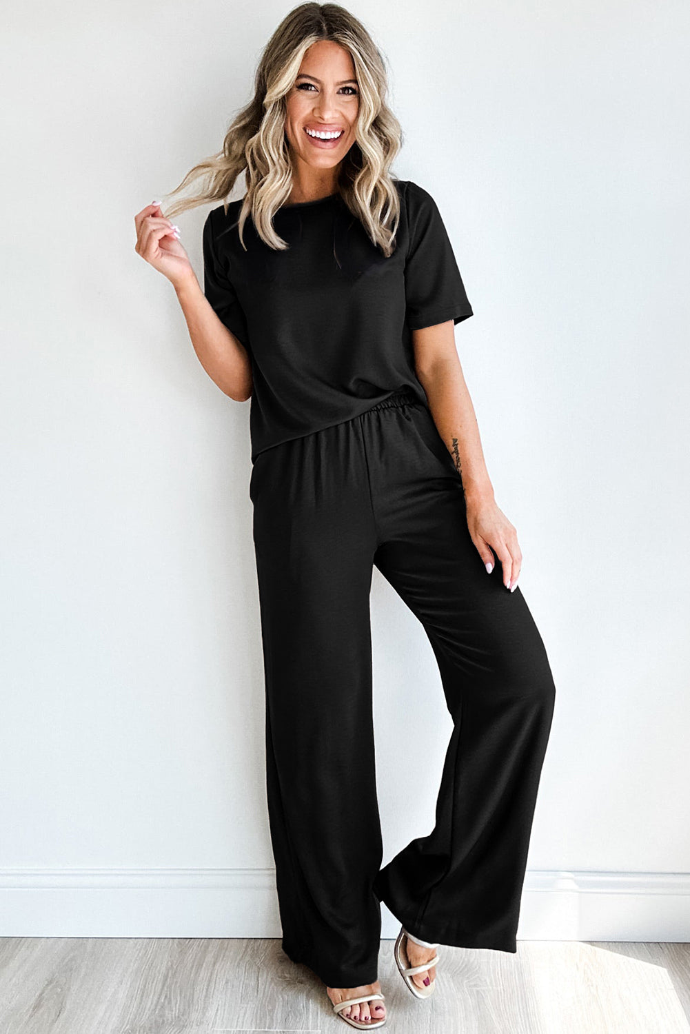 Solid Color T-Shirt and Wide Leg Pants Set