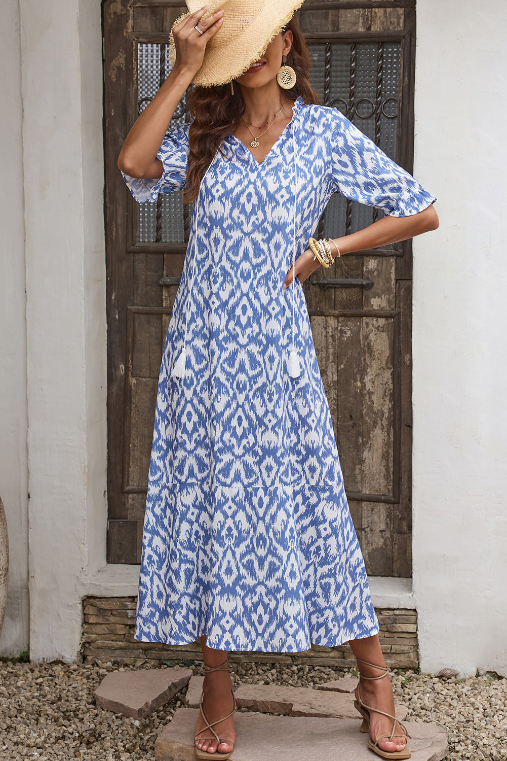 Sky Blue Geometric Print Casual V Neck Maxi Dress