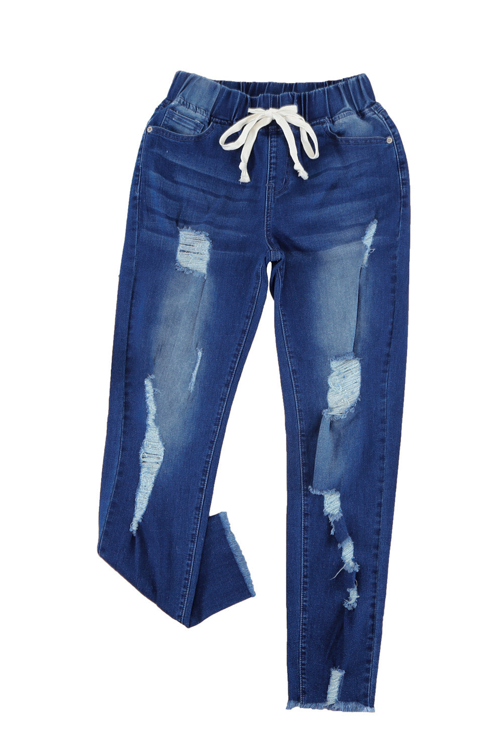 Light Blue Drawstring Elastic Waist Jeans With Hole