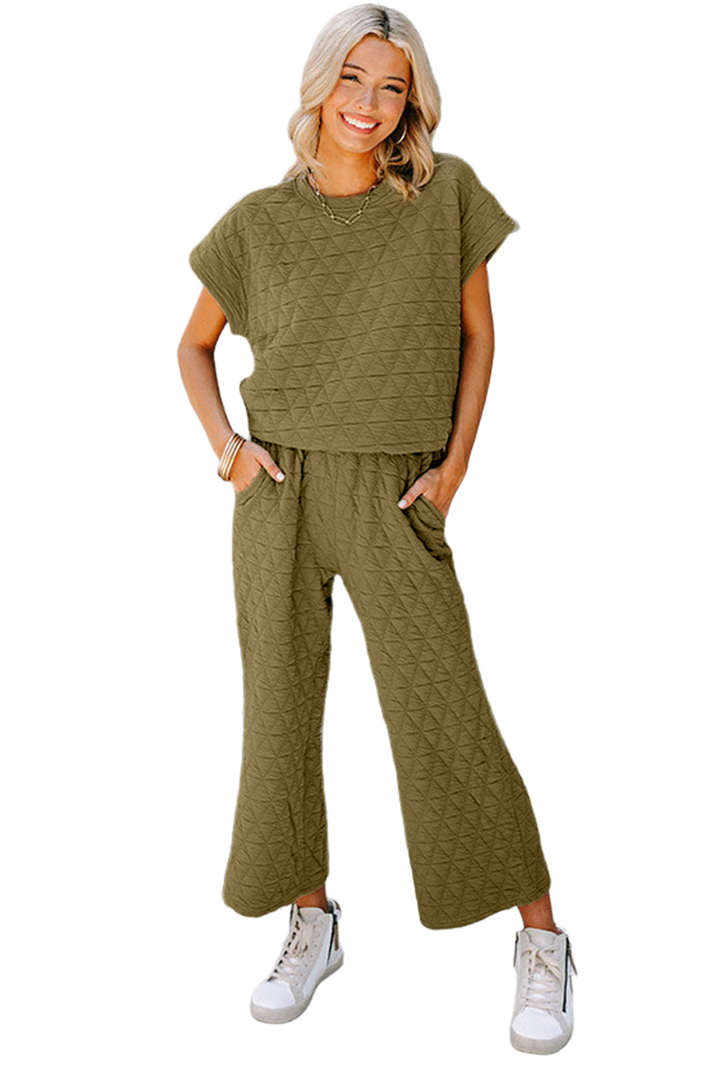 Quilted Short Sleeve Top and Wide Leg Pants Set