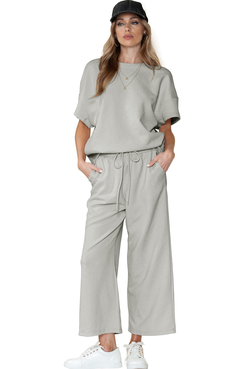 Textured Loose Fit T Shirt and Drawstring Pants Set w/Pockets