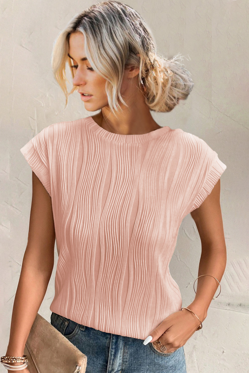 Wavy Textured Cap Sleeve Top