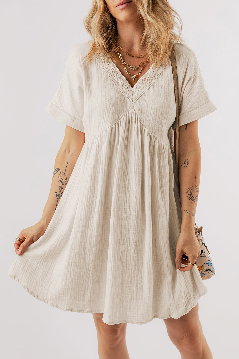 Folded Short Sleeve Lace V Neck Mini Dress