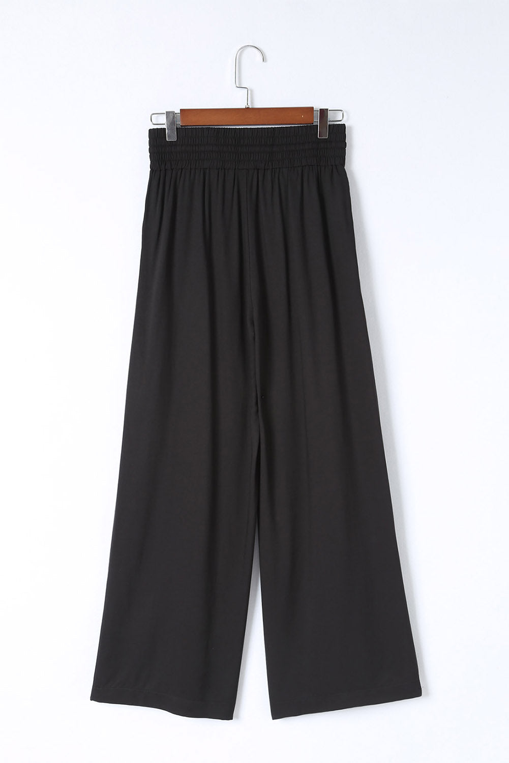 Black Plain Drawstring Shirred Elastic Waist Wide Leg Pants