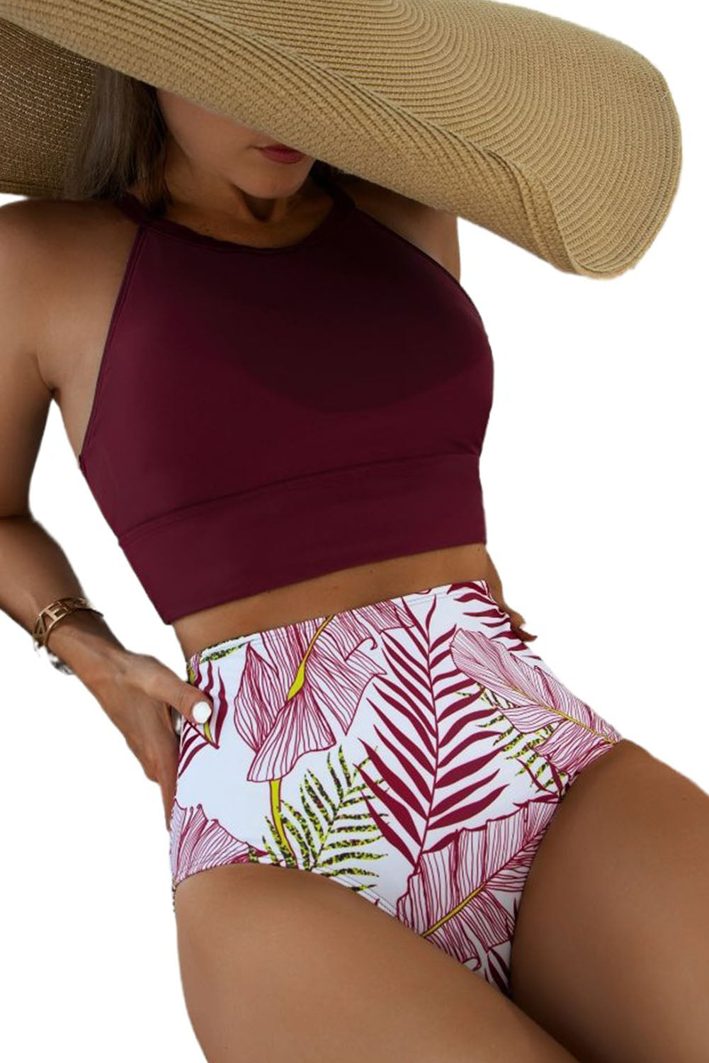 Tropical Print Back Split High Waisted Swimsuit