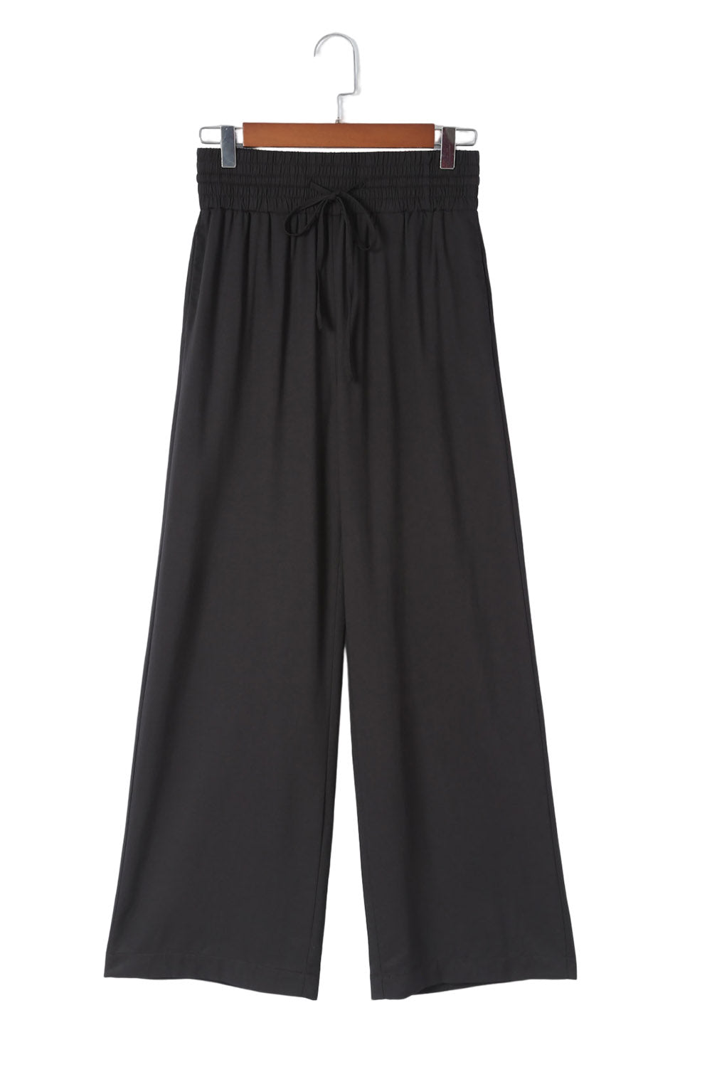 Black Plain Drawstring Shirred Elastic Waist Wide Leg Pants