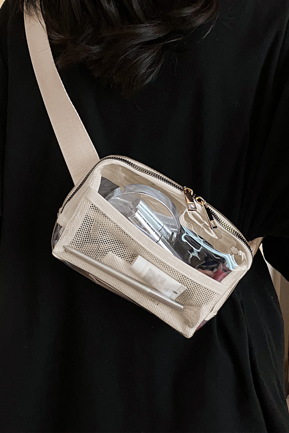 Black Adjustable Straps Zipper Clear Waist Bag