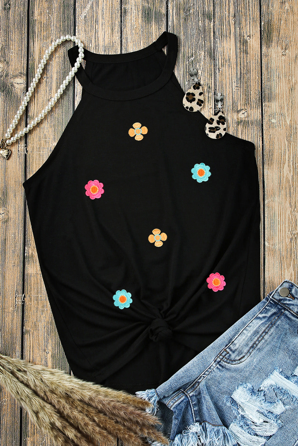 Black Casual Mod Floral Print Tank Top