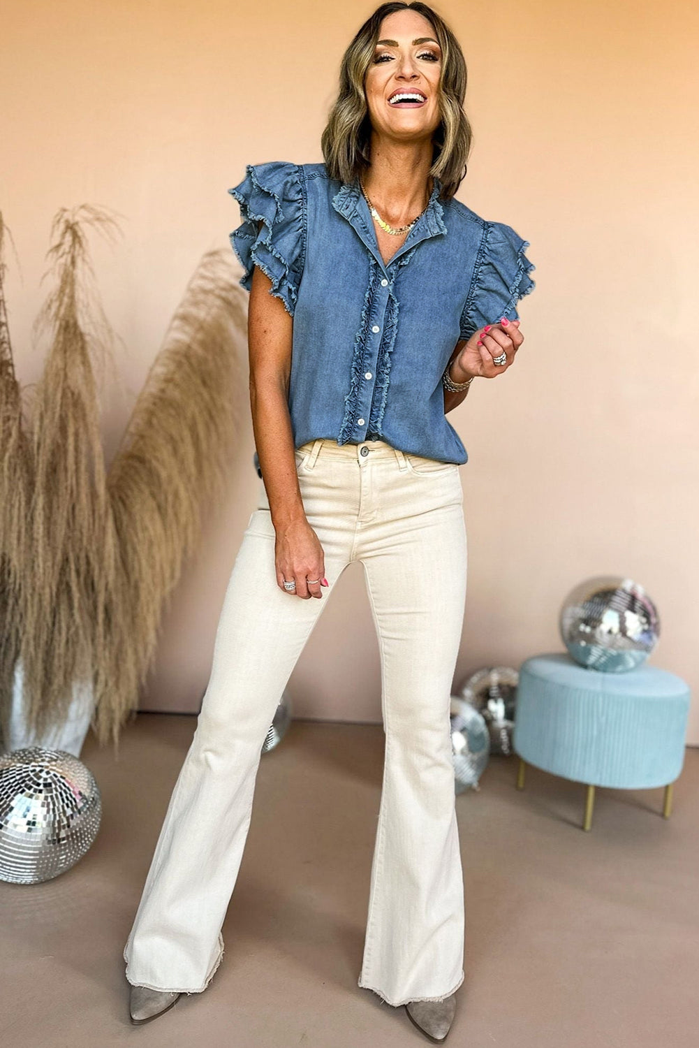 Beau Blue Ruffled Frayed Denim Top